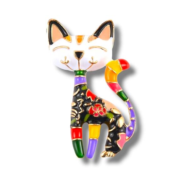 Elle Cross Jewelry - Gold Tone Enamel Multi-Color Sitting Cartoon Cat Brooch